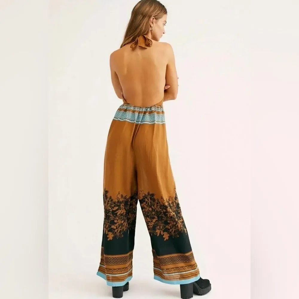 Free People Women's Palm Beach Printed Wide leg Halter Jumpsuit Size Medium